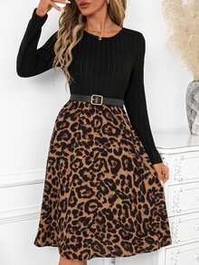 SHEIN Clasi Women's Casual Leopard Print Patchwork Midi Dress, Autumn - Black - View 5