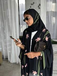 Yasmyna فستان عربي كاجوال للحفلات بطبعة زهور للنساء - الأسود - مشاهدة 2