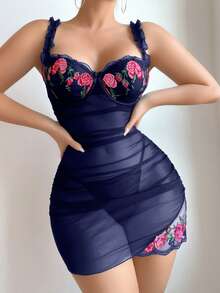 Slumberist Sexy Ruched Slimming Ruffle Mesh Embroidered Nightgown + G-String 2pcs Set - Blue - View 4