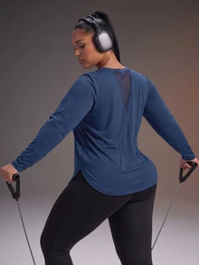 Powerista Kaos Lengan Panjang Kasual Wanita Ukuran Plus Warna Biru Tua Polos dengan Panel Jala di Belakang dan Leher Bulat, Atasan Olahraga Bernapas, Pakaian Aktif, Kain Bernapas, Musim Gugur - Navy Blue - View 8