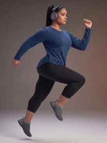 Powerista Kaos Lengan Panjang Kasual Wanita Ukuran Plus Warna Biru Tua Polos dengan Panel Jala di Belakang dan Leher Bulat, Atasan Olahraga Bernapas, Pakaian Aktif, Kain Bernapas, Musim Gugur - Navy Blue - View 6