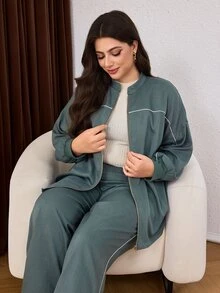 Lacomfia Plus Size Women's Loose Casual H-Line Stand Collar Long Sleeve Zip-Up Jacket And Regular Elastic Waist Straight Leg Pants 2 Pieces Set, Autumn - Green - View 1