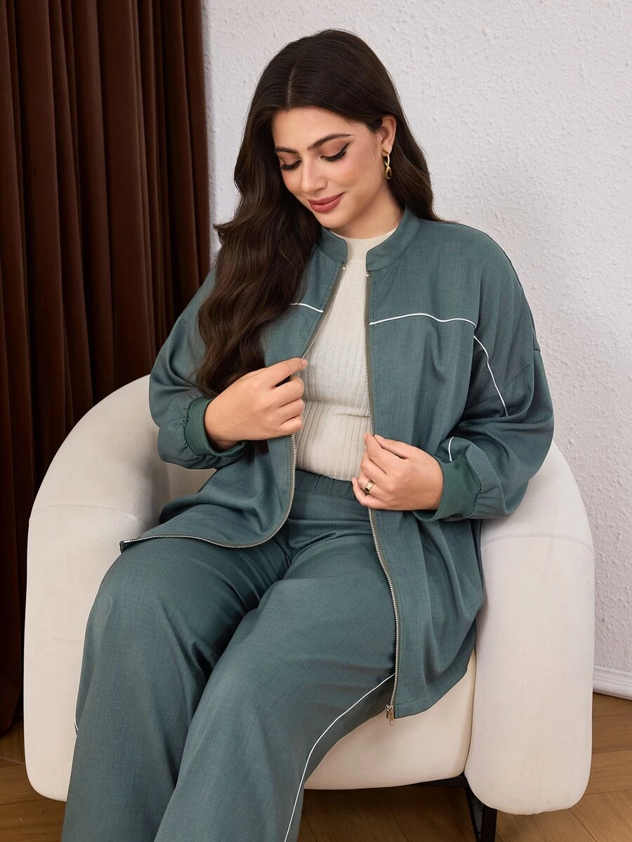 Lacomfia Plus Size Women's Loose Casual H-Line Stand Collar Long Sleeve Zip-Up Jacket And Regular Elastic Waist Straight Leg Pants 2 Pieces Set, Autumn - Green - View 1
