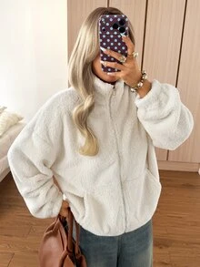 SHEIN EZwear 女款純色拉鍊休閒百搭長袖夾克，適合日常居家旅行，白色，秋季 - 白色 - 查看 5