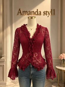 GlowEve Women's Lace Ruffle V-Neck Flare Sleeve Fashion Top - Red - View 1