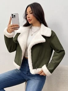 SHEIN EZwear 女款麂皮絨機車夾克外套，泰迪毛內裡，前開襟，秋冬款 - 軍綠色 - 查看 7