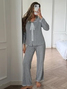 DAZY Women's Lace Patchwork Long Sleeve Top And Pants Casual Daily Home Sleepwear Set - Blue - View 9