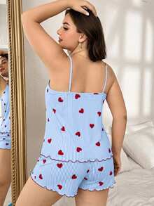SHEIN Red Heart Striped Print Camisole & Shorts Plus Size Pajama Set - Multicolor - View 2