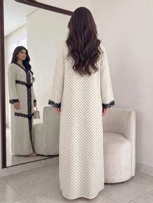 Al Najma Spring/Autumn V-Neck Lace Trim Polka Dot Dress - Black and White - View 7