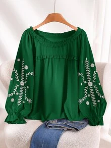 CosyJoli Plus Size Vacation Casual Floral Embroidered Shirt - Green - View 1