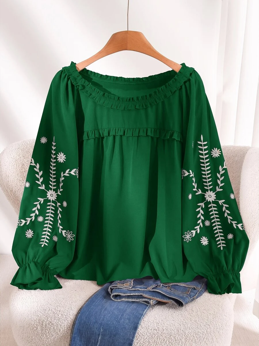 CosyJoli Plus Size Vacation Casual Floral Embroidered Shirt - Green - View 1