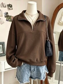 SHEIN Sparklyn 少女純色落肩長袖半拉鍊休閒運動衫 - 咖啡棕 - 查看 1