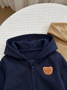 SHEIN 2件組嬰兒男孩女孩秋冬可愛百搭簡約純色連帽外套大衣 灰色連帽衫黑色連帽衫套裝 適合秋冬 - 彩色 - 查看 5