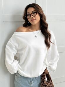 SHEIN EZwear Plus Size Women's Solid Color Asymmetric Neck Drop Shoulder Long Sleeve Casual T-Shirt Fall - White - View 4