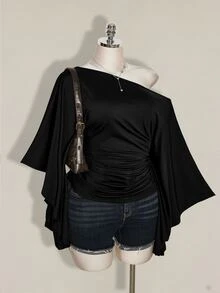 SHEIN ICON Women's Plus Size Retro Sexy Millennial Style Y2K Elegant Commuter Cold Shoulder Ruffled Short Sleeve Gathered Waist Black Top Fall - Black - View 7
