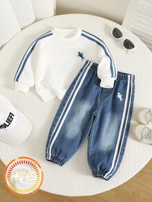 SHEIN 男女嬰兒/幼兒 2件組秋冬加厚抓絨時尚運動衫套裝，運動服，嬰兒冬季套裝，牛仔褲，丹寧，運動服 - 藍色 - 查看 3