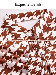 Brilight Houndstooth Print Shirt DressFront Back Twist Knot Loose Midi Dress For Vacation Brunch Casual Stree - Brown - View 4