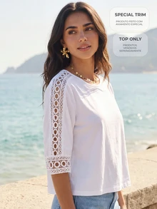 CAJUNI Women's Solid Color Round Neck Short Sleeve Contrast Lace Casual T-Shirt - White - View 1