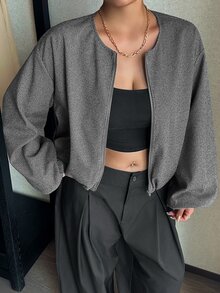 Livesso Small Round Neck Loose Lantern Sleeve Design Jacket, New Autumn/Winter Blogger Casual Outfit Wool Blend - Grey - View 1