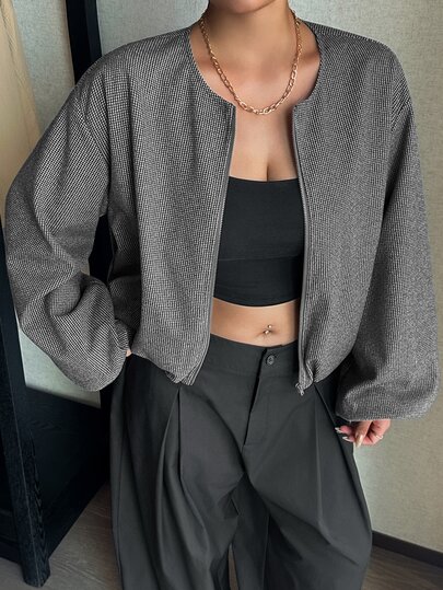 Livesso Small Round Neck Loose Lantern Sleeve Design Jacket, New Autumn/Winter Blogger Casual Outfit Wool Blend