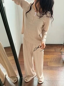 DAZY Women's 2 Pieces Faux Layered Long Sleeve Top And Pants Casual Daily Loungewear Set - Apricot - View 5