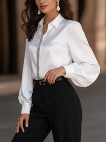 Velvienne New Plus Size Sequin Decorated Lantern Sleeve Daily Collared Women's Blouse - White - View 4