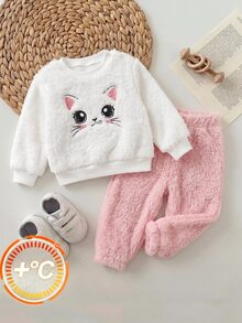 SHEIN 新生女嬰粉色可愛卡通圖案長袖秋冬上衣與鬆緊腰長褲套裝 - 彩色 - 查看 5