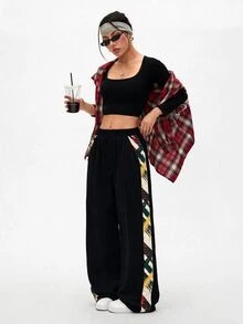 SHEIN LUNE 2026歐美新款女款彈性腰燈芯絨直筒休閒長褲 70年代復古風 側面多色幾何印花拼接 - 彩色 - 查看 7