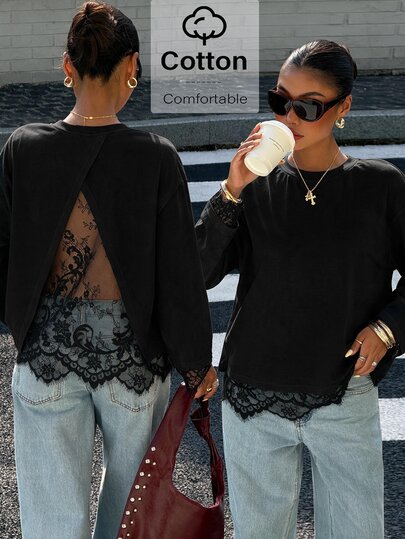 Muchica Maglietta elegante da donna con pannello in pizzo nero, maniche lunghe e spacco posteriore, top casual streetwear per autunno e inverno, adatto per serate, feste e uso quotidiano