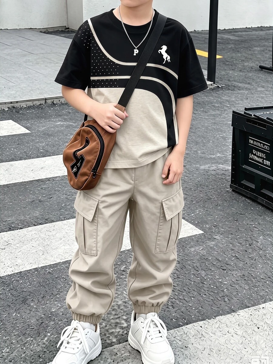 SHEIN 2pcs Set Striped And Polka Dot Horse Logo Print Pattern Black And Light Khaki Color Block Versatile Fashionable Comfortable Round Neck T-Shirt And Light Khaki Cargo Jogger Pants Short Sleeve Outfit Suitable For All Seasons - Multicolor - View 1