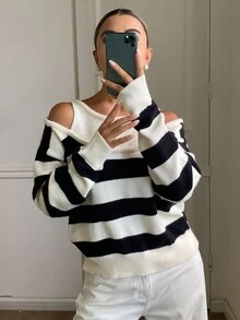 DAZY Women's Contrast Color Striped Loose 2 In 1 Cold Shoulder Long Sleeve Casual Vacation Korean Style Autumn/Winter Knit Sweater - Apricot - View 3
