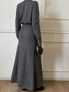 DAZY Solid Color Fitted Crew Neck Long Sleeve Pullover Sweater & A-Line Umbrella Skirt, Elegant Formal Vacation Korean Style Thickened Autumn/Winter 2 Pieces Set For Women - Grey - View 5