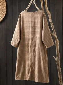 Rusticease Plus Size Casual Vacation Plaid Asymmetrical Hem Dress - Brown - View 2