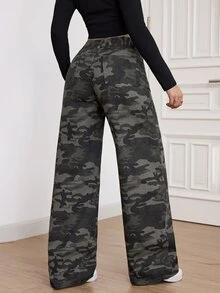 SHEIN Tall 女款迷彩寬腿寬鬆休閒牛仔褲，附口袋 - 軍綠色 - 查看 2
