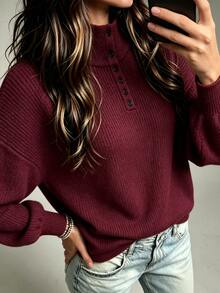 Trelyra Women's Solid Color Casual Daily Long Sleeve Sweater - Burgundy - View 5