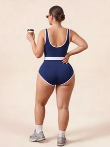 SHEIN Rhythm Era Plus Size Striped Colorblock Casual Versatile Sports Jumpsuit - Navy Blue - View 2