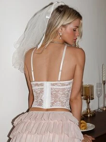 Crystal Vow 1pc Lace Patchwork Elegant Camisole Top - White - View 2