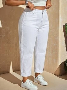 SHEIN CURVE+ Plus Size Women's Casual High Waist Denim Mom Jeans With Pockets, Cropped Length - White - View 5