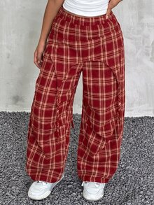 Kids Tween Girl Deconstructed Design Plaid Wide Leg Loose Long Pants - Red - View 4
