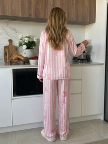 Livesso Women's Striped Front Tie Long Sleeve Top And Pants Pajama Set Fall - Pink - View 2