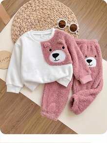 SHEIN 女嬰毛絨拼接抓絨運動衫與秋冬長褲套裝 - 粉色 - 查看 1