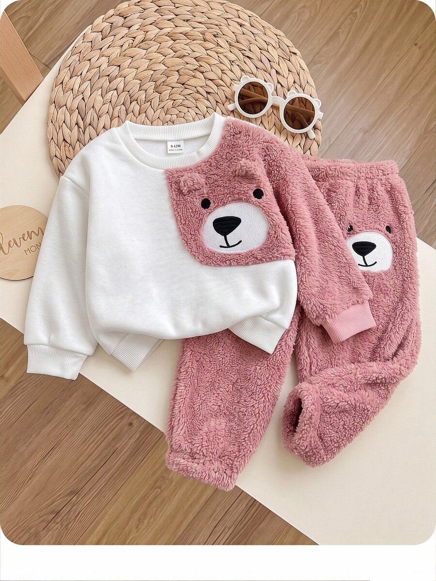 SHEIN 女嬰毛絨拼接抓絨運動衫與秋冬長褲套裝 - 粉色 - 查看 1