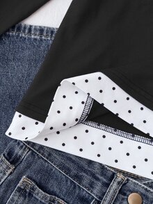 青少年女孩秋季新款黑色拼接波點圖案蕾絲飾邊 2 合 1 休閒甜美長袖 T 恤 - 黑色 - 查看 5