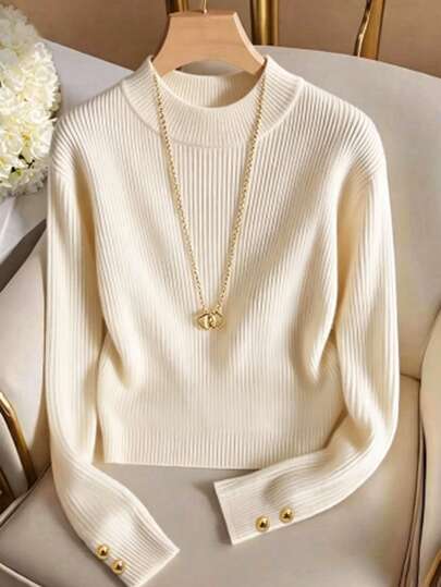 SHEIN Franclia Camiseta de punto de manga larga elegante color crema blanco, camiseta de punto acanalado casual de cuello redondo de manga corta ajuste regular moda minimalista con detalle de patchwork para mujer