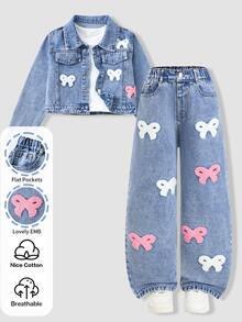 Girls Back To School Bow Towel Embroidery Denim Set, Sweet Short Denim Jacket With Wide Leg Denim Pants, Cute Washed Denim Outfit For School And Outings - Light Wash - View 4