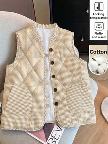 SHEIN Clasi Women's Plaid Casual Versatile Winter Padded Vest Jacket - Khaki - View 1