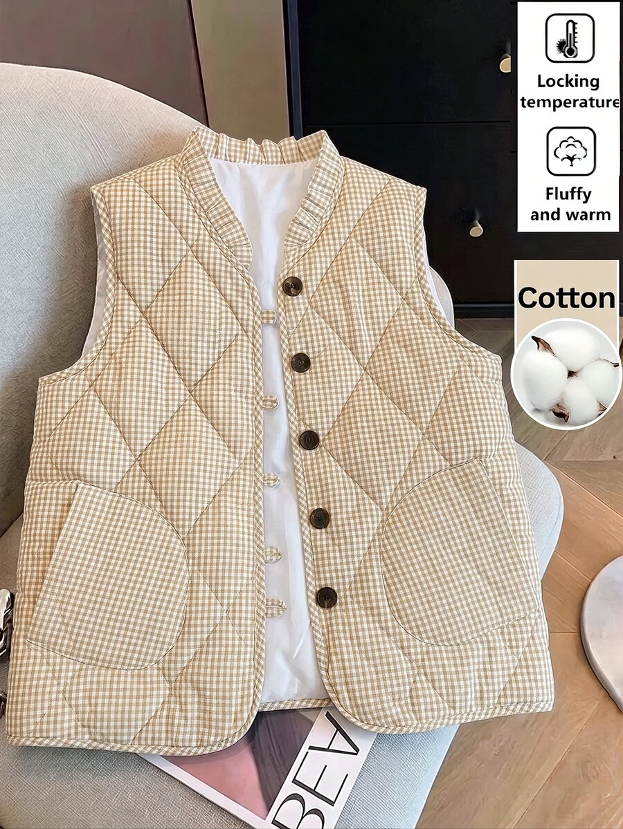 SHEIN Clasi Women's Plaid Casual Versatile Winter Padded Vest Jacket - Khaki - View 1