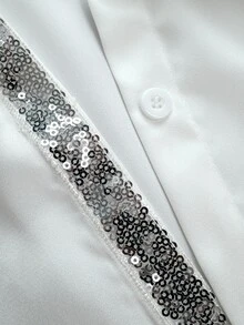 Velvienne New Plus Size Sequin Decorated Lantern Sleeve Daily Collared Women's Blouse - White - View 5
