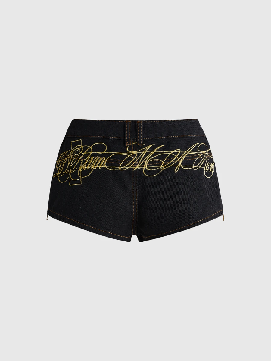 ROMWE Street Life Summer Street Punk Camouflage Contrast Color Slogan Embroidered Mini Denim Shorts - Black - View 1