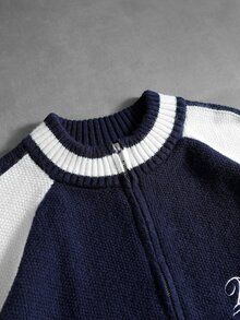 ROMWE MEN Men's Fashion Embroidered Zipper Contrast Color Long Sleeve Sweater - Blue and White - View 3